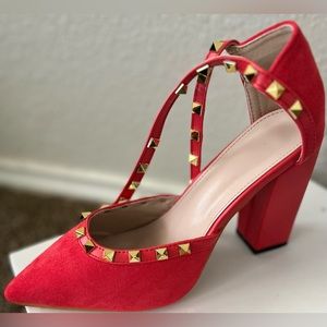 Brand New Red Chucky Heel With Ankle Studded Strap